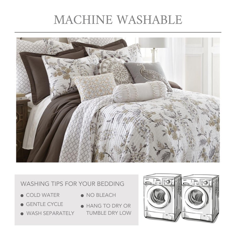 Levtex Home Pisa Reversible Full/Queen Quilt Set (88x92in) with 2 Pillow Shams (26x20in) - Floral Peacock - Grey, Taupe - 100% Cotton Full/Queen Size Quilt Bedding Set - Lightweight, Soft, Pre-Washed - Image 5